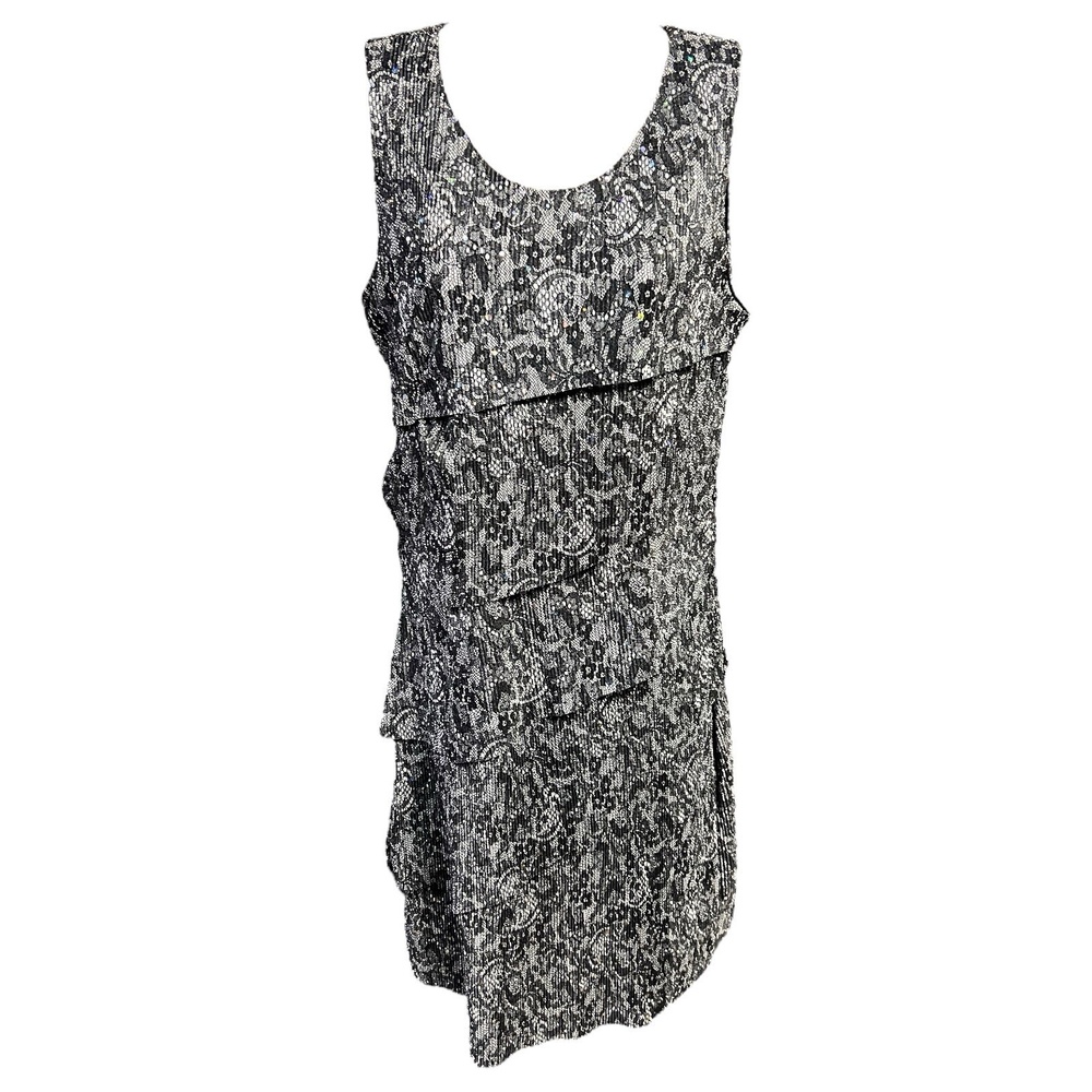 Christopher‎ Banks Dress S Black White Sleeveless Tiered Rhinestone Floral Chic
